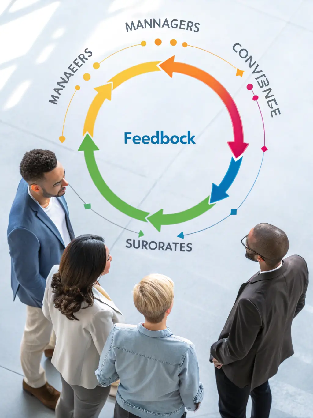 A circular diagram showing the flow of feedback from various stakeholders (managers, peers, subordinates) converging on an individual for performance evaluation.