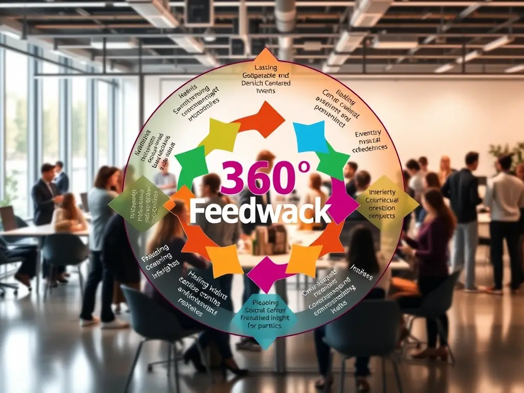 A circular diagram illustrating a 360° feedback loop, with arrows connecting various stakeholders providing input and insights, set against a backdrop of a collaborative workspace.