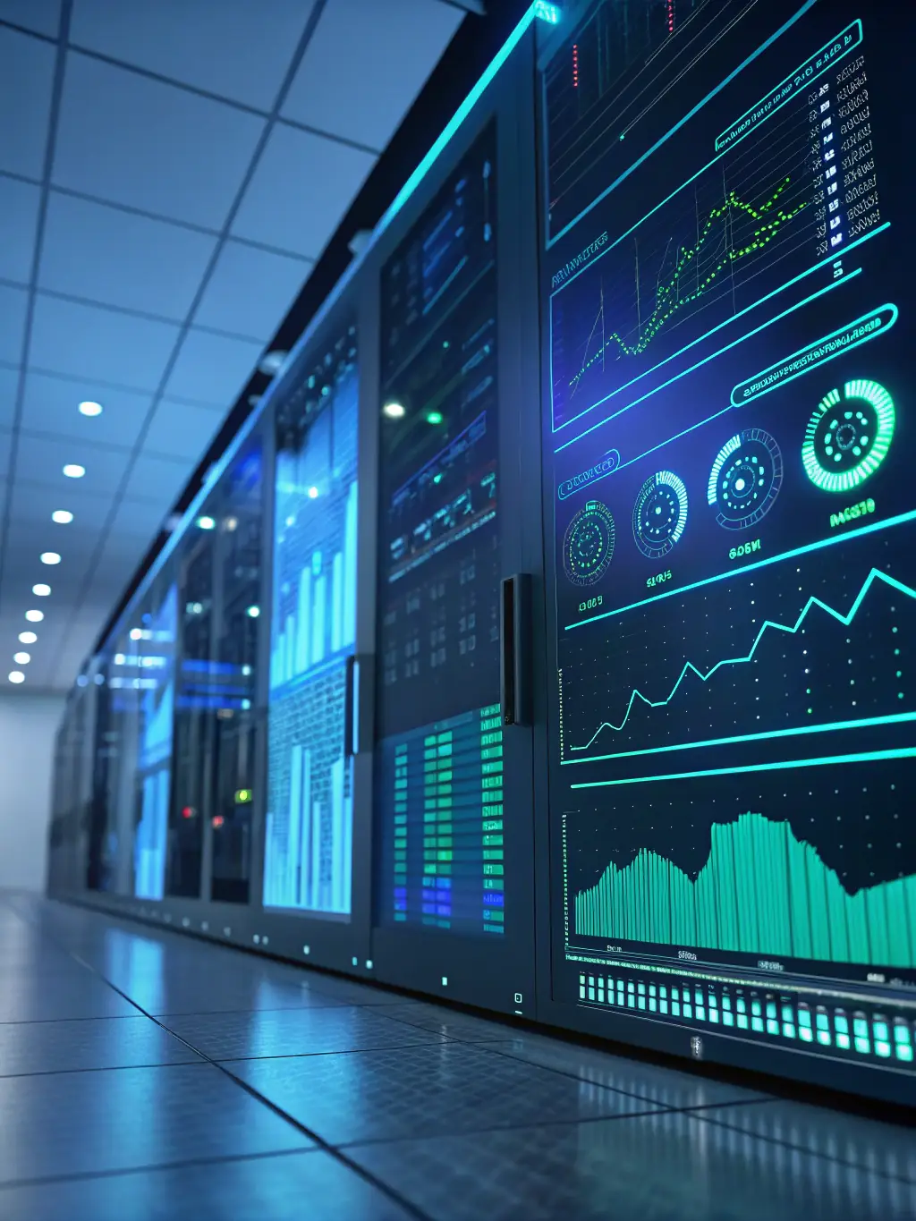 A futuristic interface showing AI algorithms analyzing complex data sets to provide actionable insights for various industries.