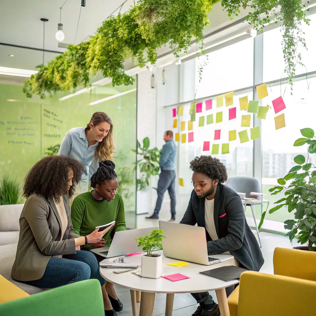 Business professionals collaborating in a modern office, symbolizing private sector innovation.