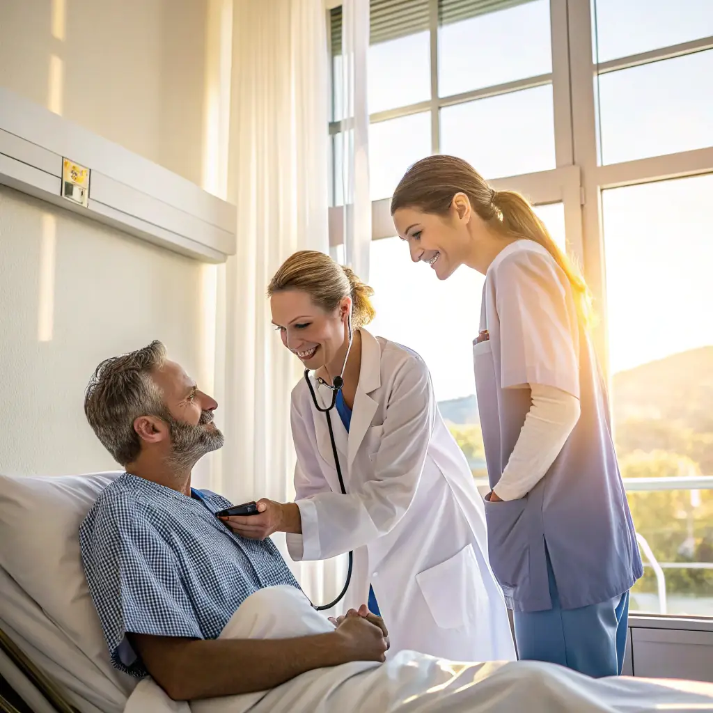 A doctor examining a patient in a hospital room, showcasing healthcare services.