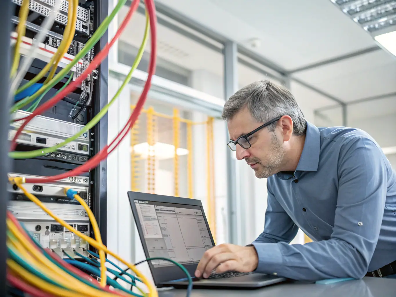 A network security engineer configuring a zero-trust architecture system in a modern data center, emphasizing security and control.