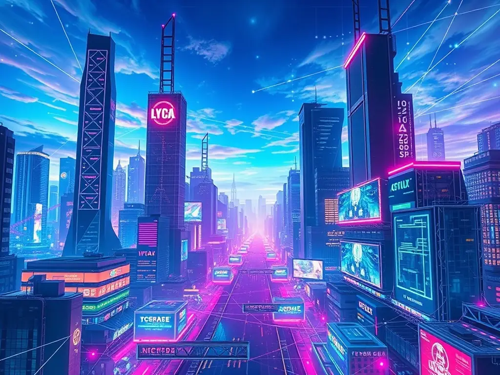 A futuristic cityscape with interconnected networks and security protocols, symbolizing a zero-trust architecture protecting sensitive data from cyber threats.