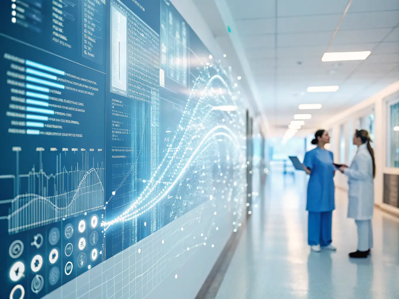 A digital illustration depicting a diverse group of patients participating in a clinical trial, with AI algorithms analyzing their data in real-time, set against a backdrop of a modern research facility.